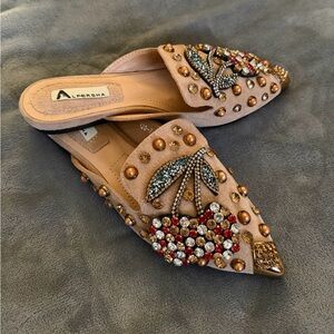 Pointed Toe Embellished Suede Tan Mules